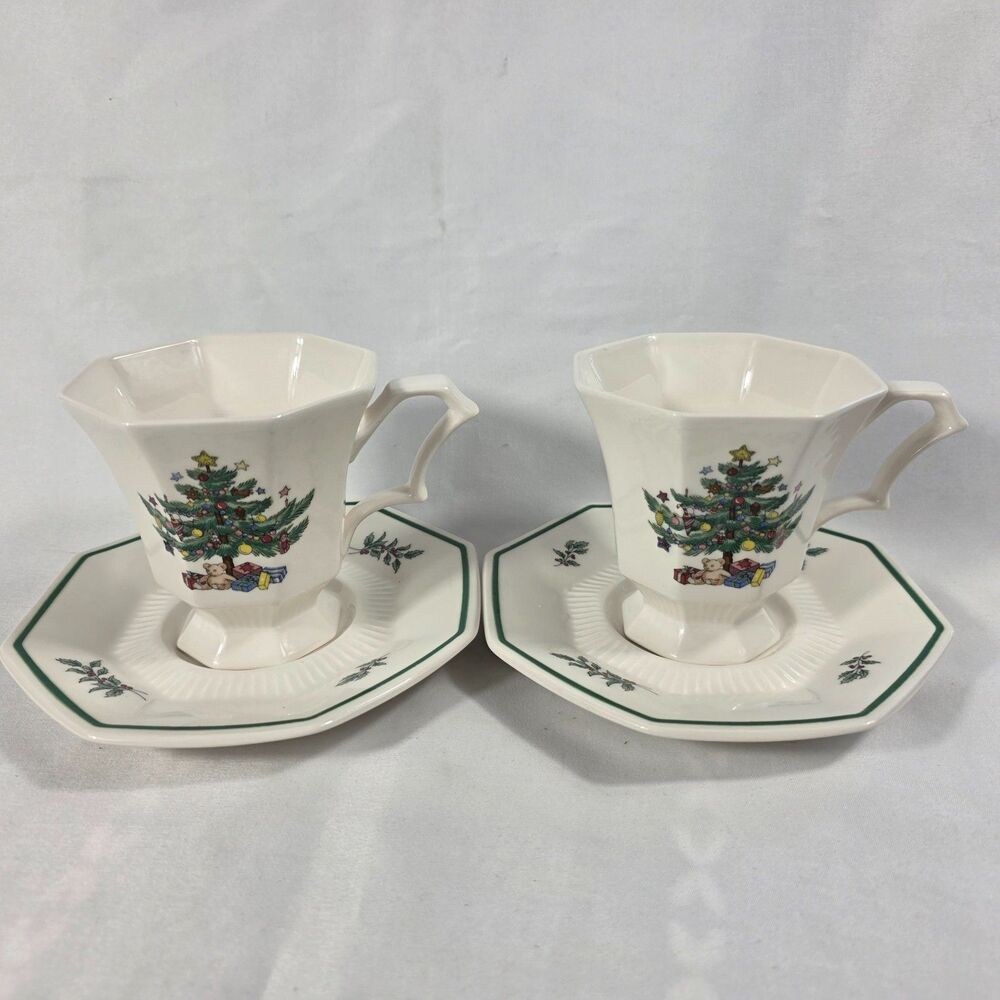 TWO Nikko Christmastime Cup & Saucer Sets White Decorated Christmas Tree